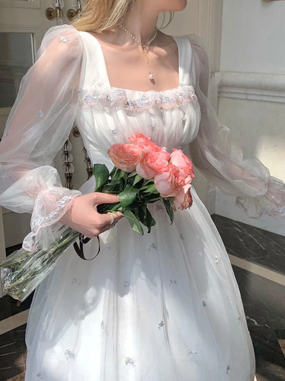 White Mesh Fairy Dress Woman French Vintage Embroidery Floral Flare Sleeve Princess Prom Dresses  c2876