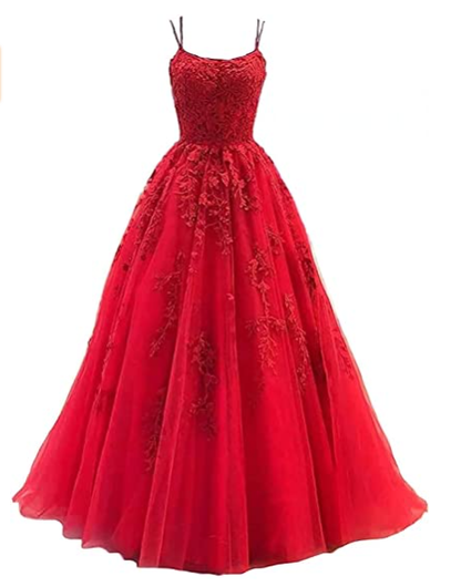 Green spaghetti strap prom dress, long tulle lace appliquéd women's party dress C1889