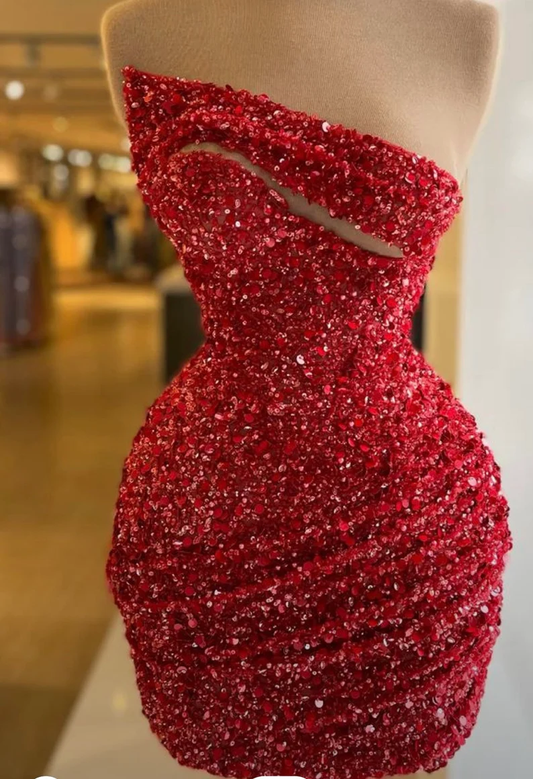 Red sleeveless short sequins party dress, short dinner dress, wedding reception dress, shimmery gown c3321
