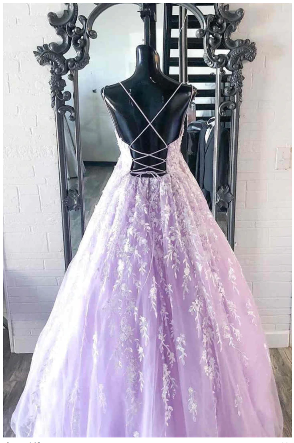 Elegant Straps Lace Appliques Lavender Prom Dress C2441