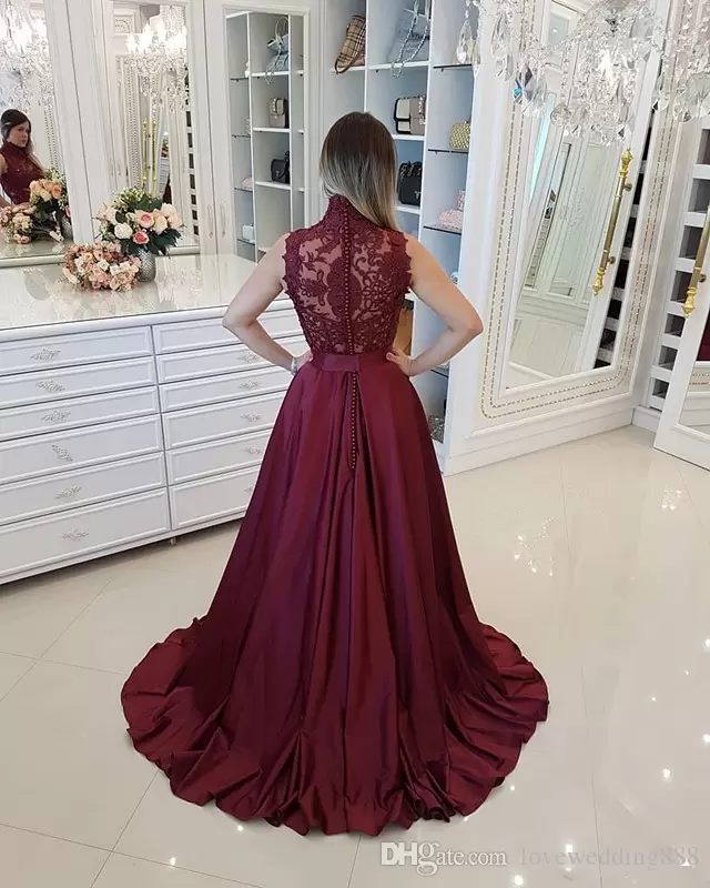Burgundy High Neck Lace Bodice Princess Floor Length Long Prom Dress C207