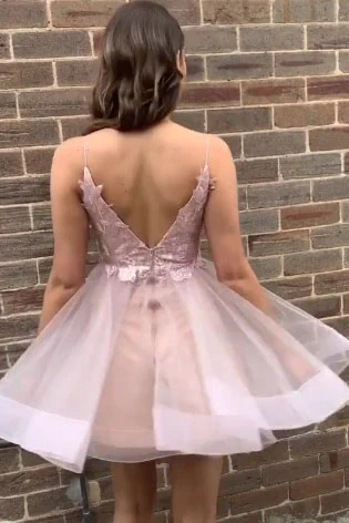 Simple Spaghetti Straps V Neck Backless Pink Short Homecoming Dress c3228