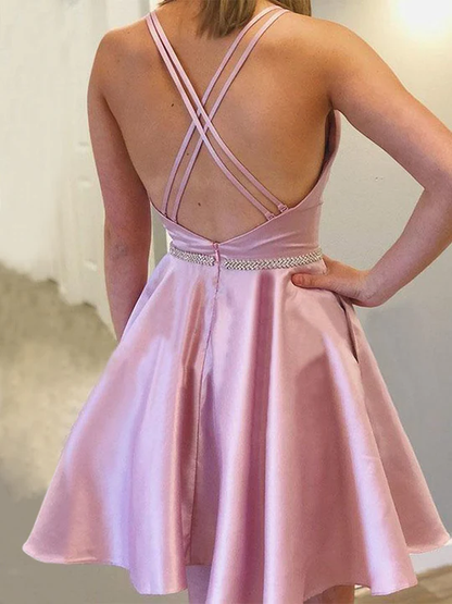A-Line/Princess Satin With Rhinestone Straps Sleeveless Short/Mini Homecoming Dresses c3213