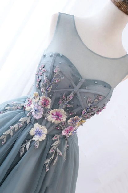 Illusion Round Neckline Grey Tulle Homecoming Dresses With Appliques c3043