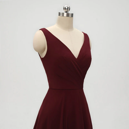 A-line V-neck Burgundy Chiffon Prom Dresses With Pleats  C1739