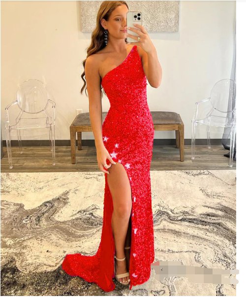 One Shlulder Black Prom Dress With Star Pattern Hight Split Evening Dress C2351