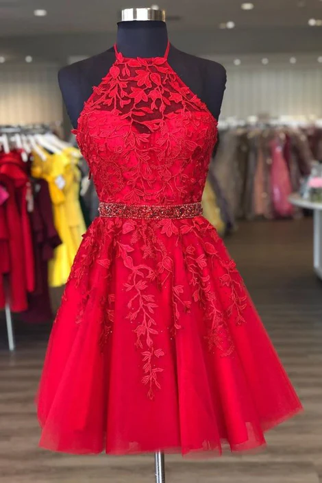 Red Lace Homecoming Dress Halter Neckline, Short Prom Dress ,Formal Dress,Dance Dresses, Back To School Party Gown c2633