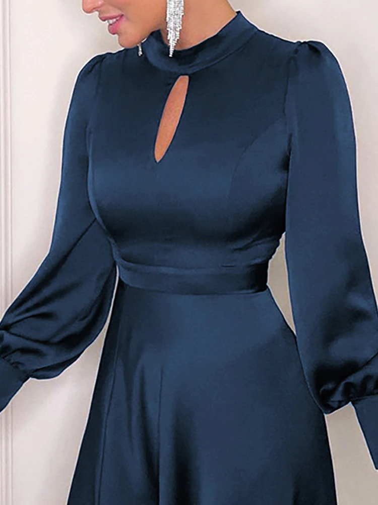 Elegant Simeple Prom Dress With Long Sleeves Split Evening Dress Women's Plain Puff Sleeve O-Neck Long Dress c2497