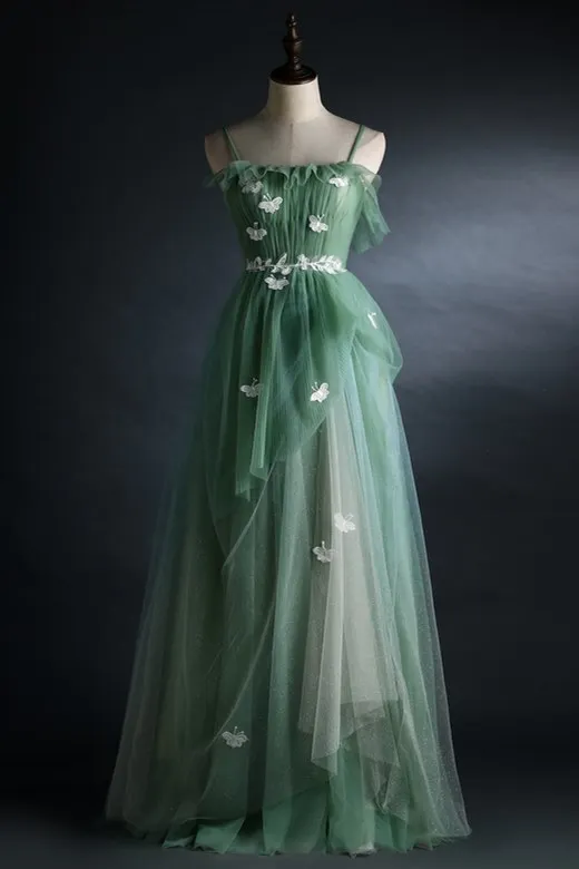 Spaghetti Straps Green Tulle Long Formal Dress Prom Dress c2666