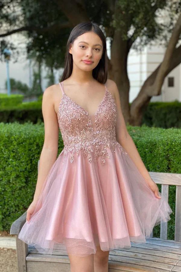 Pretty A Line Pink Beading Homecoming Dress, Short Spaghetti Straps Prom Dress,Formal Dresses c2947