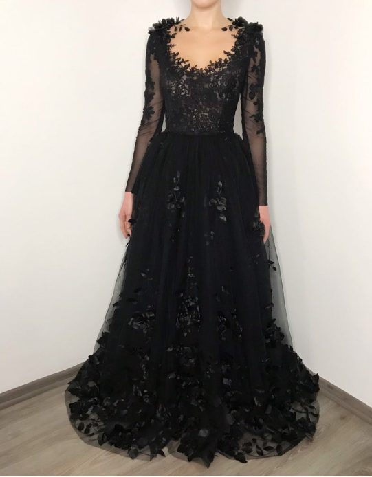 Black Long Prom Dress Gothic style Wedding Dress Tulle Evening Dress c3301
