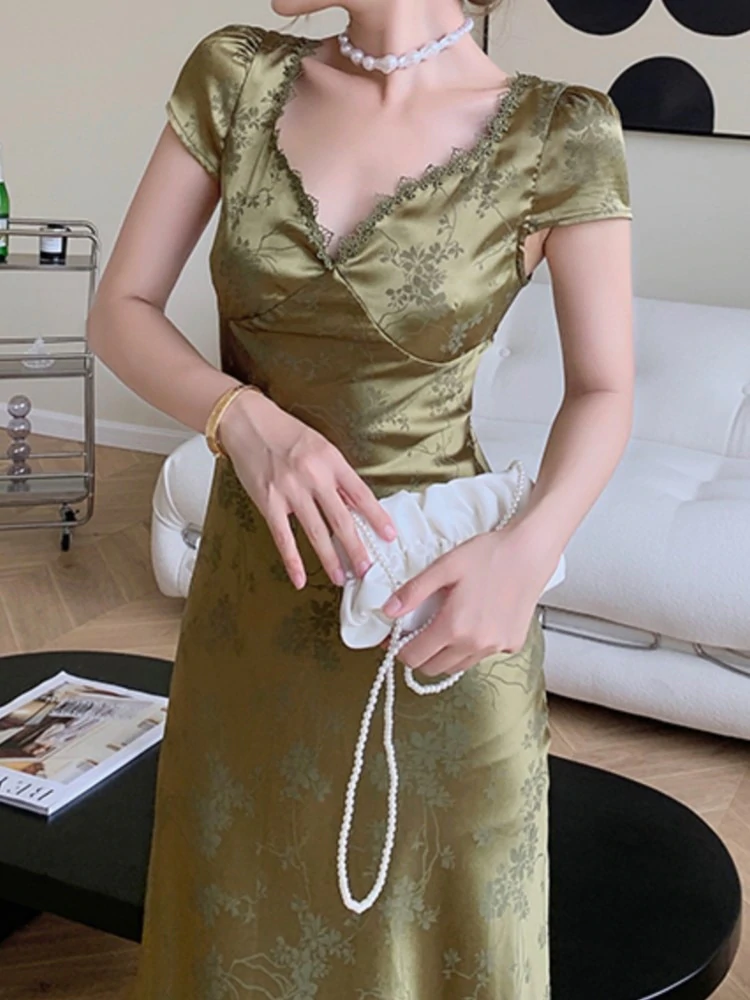 Summer Elegant Women Satin Backless Short Sleeve Lace Sexy Bandage Vintage Bodycon Vestidos Female Fashion Robe New Prom Dress c2501