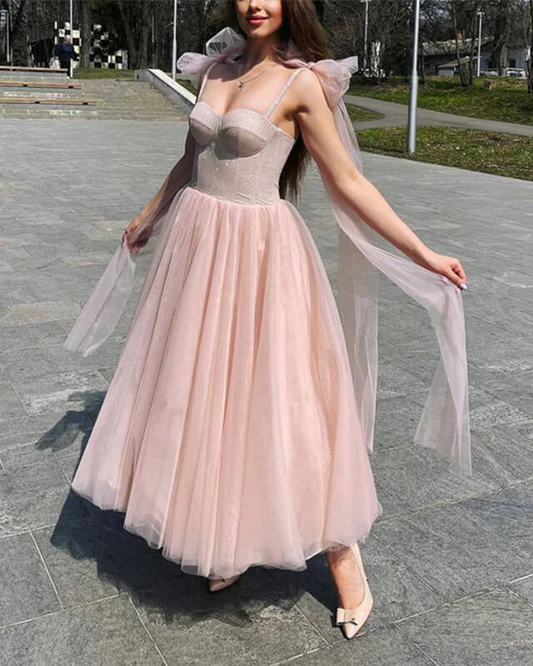 Blush Tulle Ankle Length Dress With Sparkly Corset Tea Length Prom Dress c3454