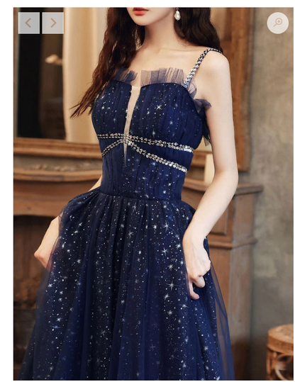 Blue tulle A line sequin long prom dress, blue tulle formal dress C2378