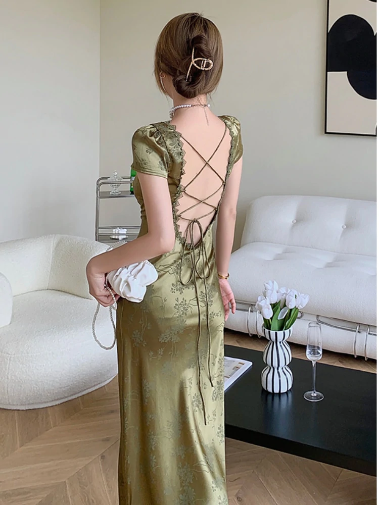 Summer Elegant Women Satin Backless Short Sleeve Lace Sexy Bandage Vintage Bodycon Vestidos Female Fashion Robe New Prom Dress c2501