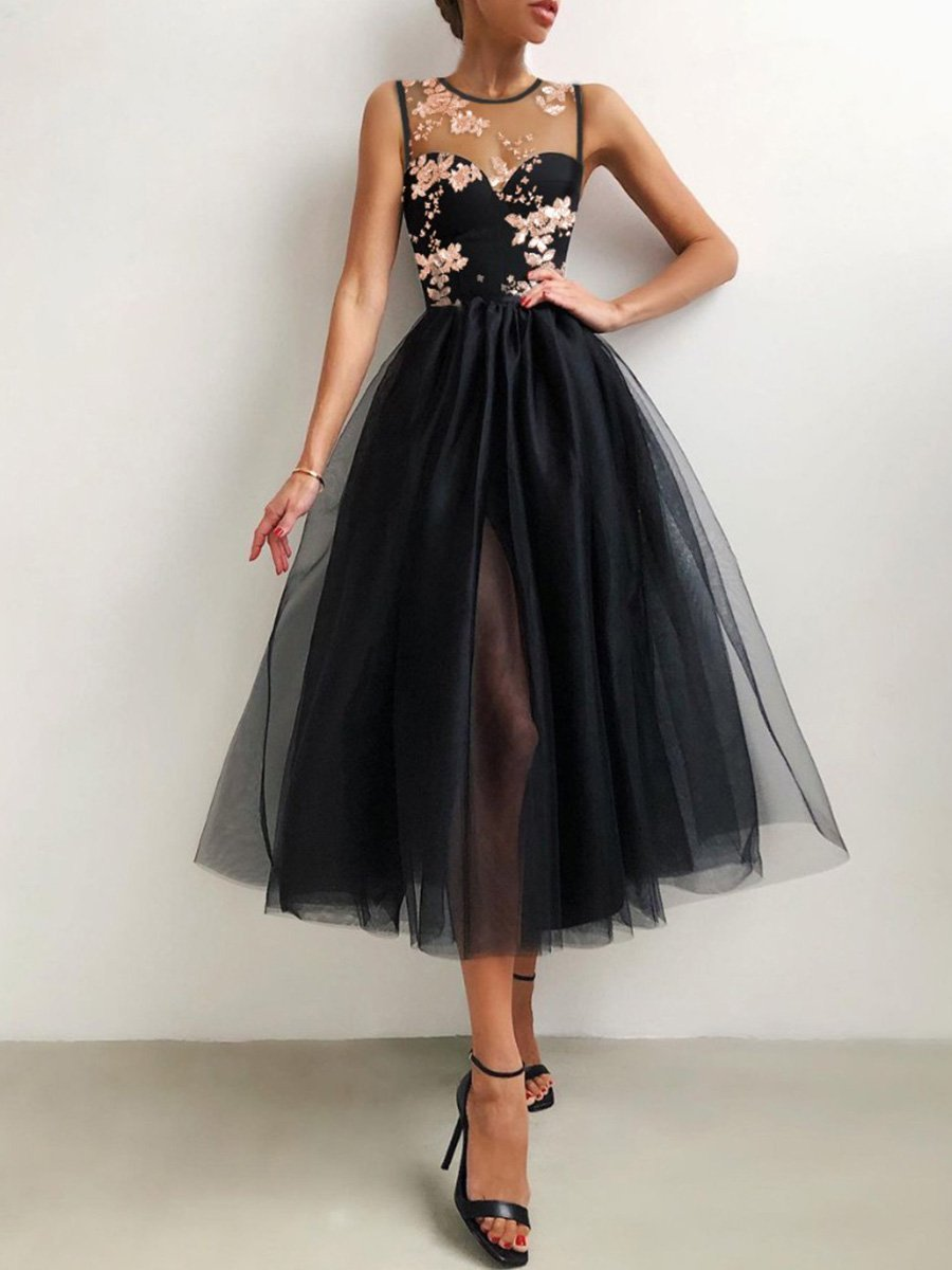 Flower Embroidered Mesh Slit Front Evening Dress c2836