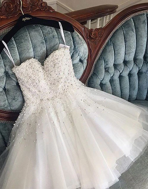 Cute white pearls tulle short prom dress, homecoming dress  c2698
