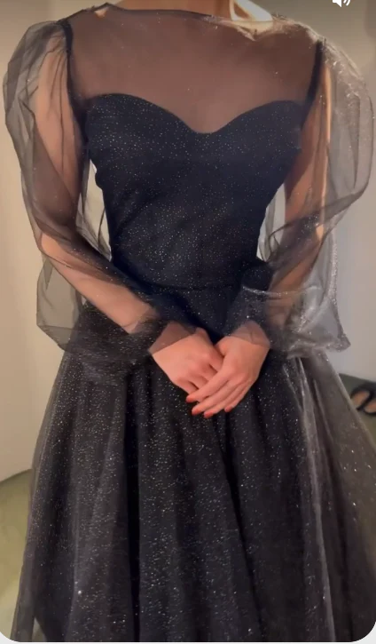 Black Shiny Prom Dress Tulle Sleeves Evening Dress c2536