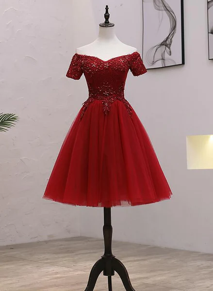 Tulle Dark Red Off The Shoulder Knee Length Homecoming Dress, Red Party Dress c2621