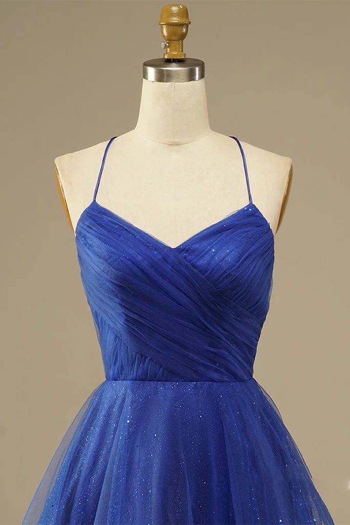 Royal Blue Mesh Net V-neck Homecoming Party Dress c3463