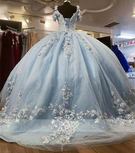 Baby Blue Off Shoulder Quinceanera Dresses Beaded 3D Flowers Ball Gown Sweet 16 Dress c3252