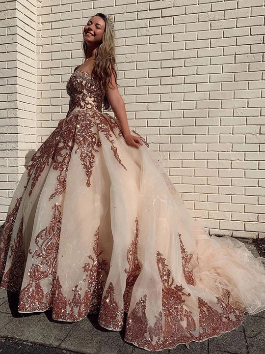 Rose Gold Sequins Ball Gown Sweetheart Strapless Quinceanera Dresses with Beads cc427