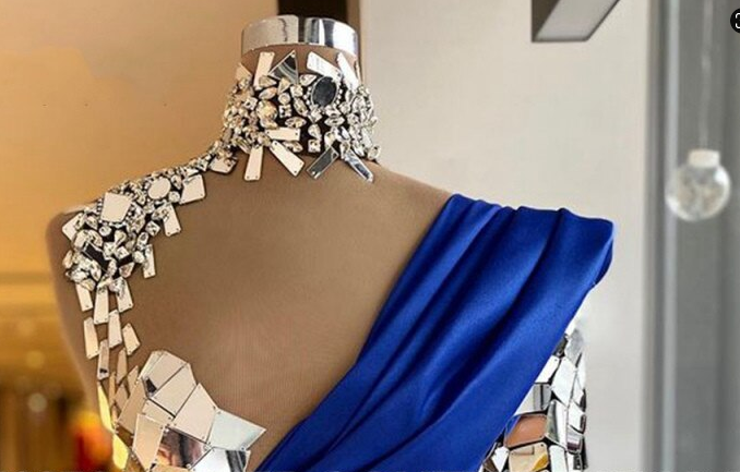 high neck crystal evening dresses long sleeve royal blue modest unique luxury sexy formal evening gown c2608
