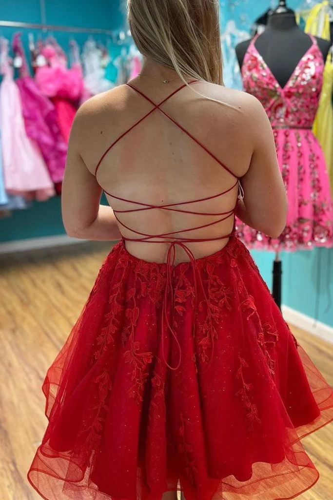 Red Spaghetti Strap Above Keen Starry Tulle Homecoming Dress Graduation Dresses c3383