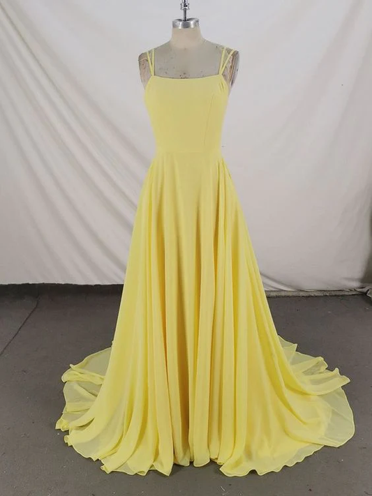 Simple yellow chiffon long prom dress yellow evening dress c2538