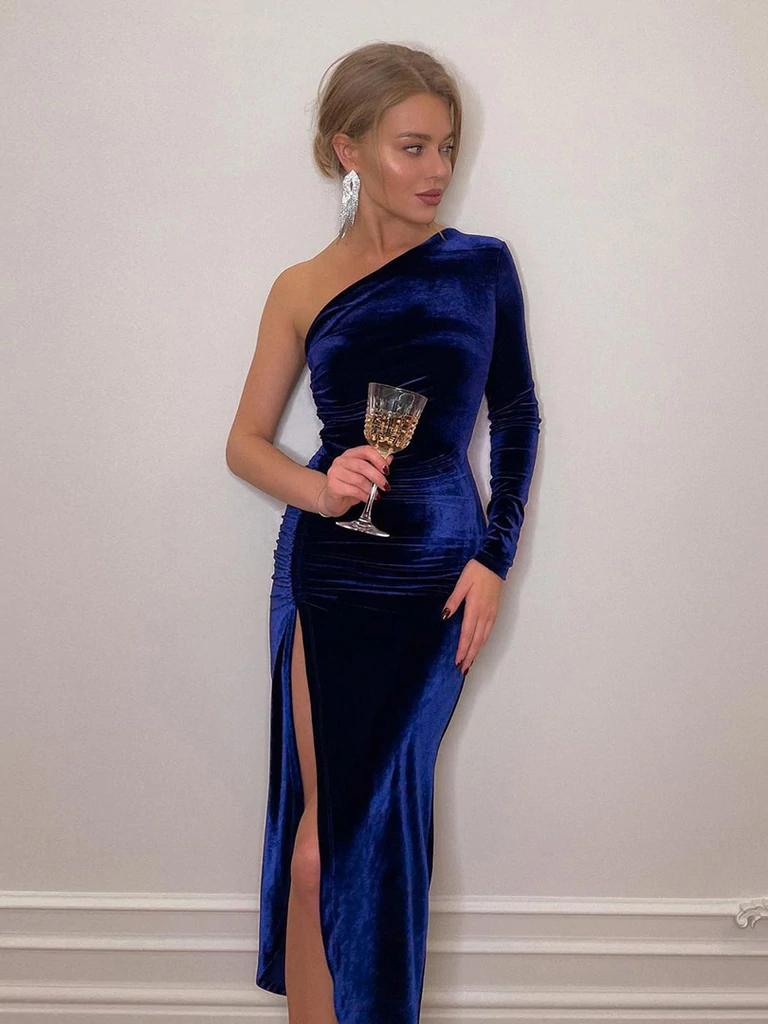 Royal Blue Velvet Side Slit Bodycon Prom Dress One Sleeve Prom Dress c2479