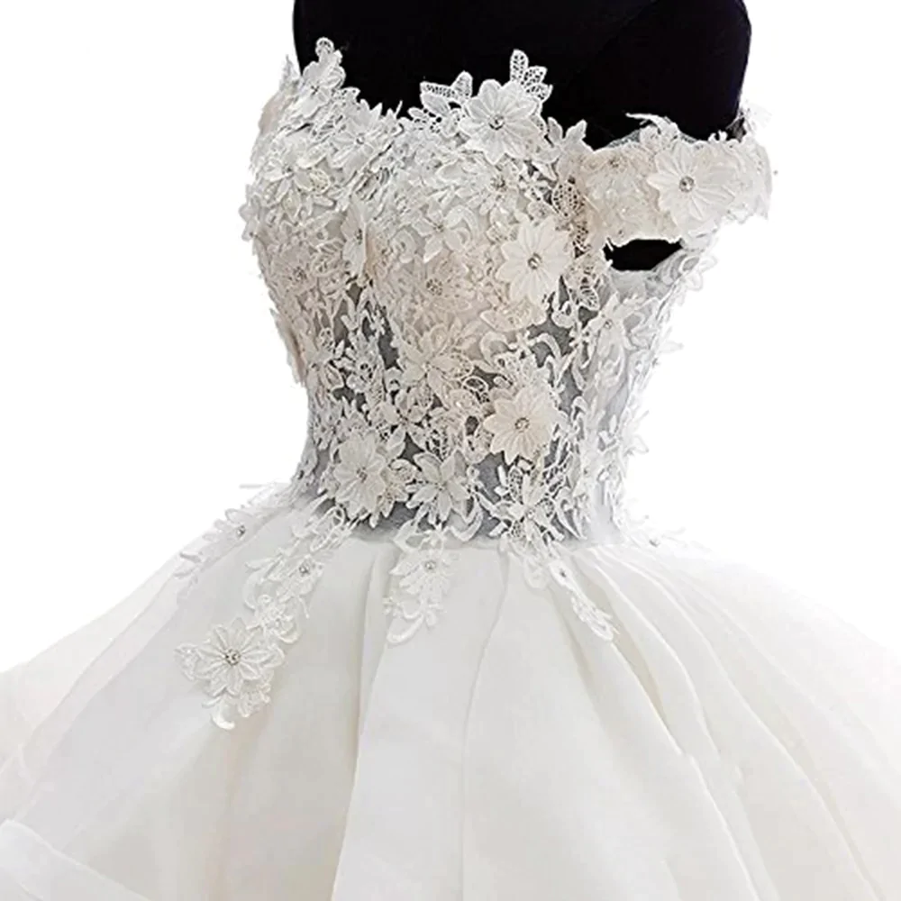 White sweetheart lace applique short cute white homecoming dress Off Shoulder Organza Short Lace Applique Teen Formal Dress c3219