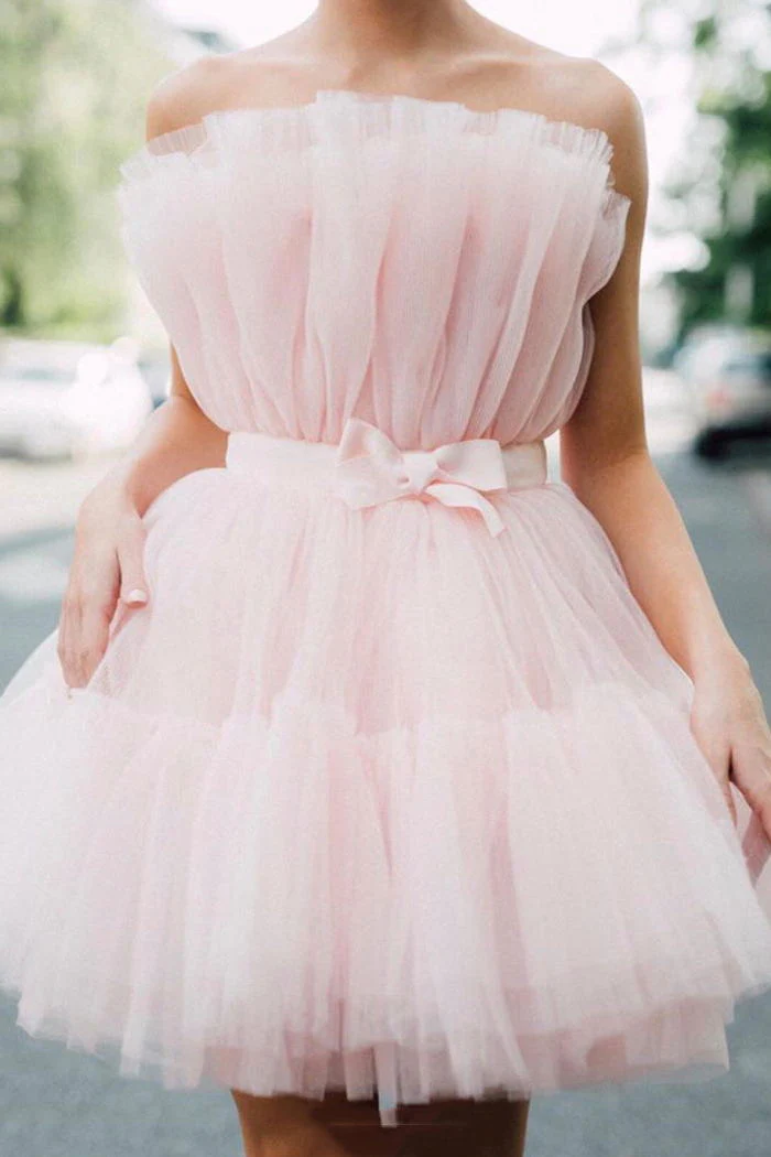 Strapless Pink Tulle Short Homecoming Dress, Princess Sleeveless Party Dress c3039