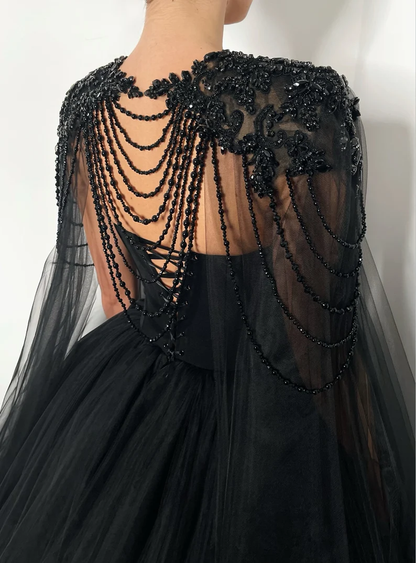 Black Gothic crystal beaded corset wedding tulle dress, elegant beaded alternive bride dress, long black cape black prom dress c2895