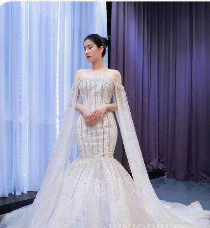 Cape Sleeve Heavy Beaded Wedding Dresses Off the Shoulder Mermaid Prom Dress C2414