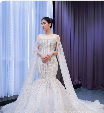 Cape Sleeve Heavy Beaded Wedding Dresses Off the Shoulder Mermaid Prom Dress C2414