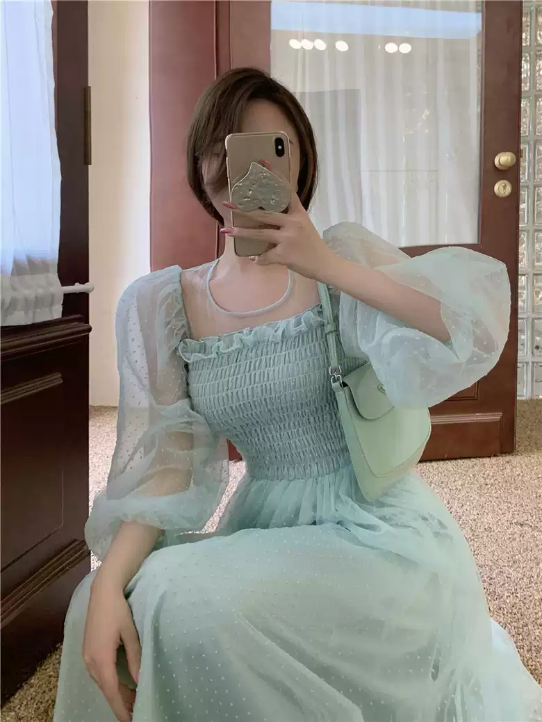 Light green skirt hollow French super fairy puff sleeve polka dot mesh dress sexy party dress cc292