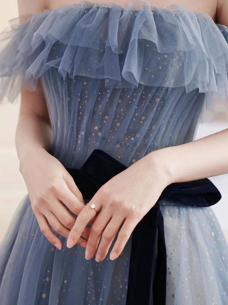 A-Line Gray Blue Off The Shoulder Long Prom Dress Tulle Evening Dress c2516
