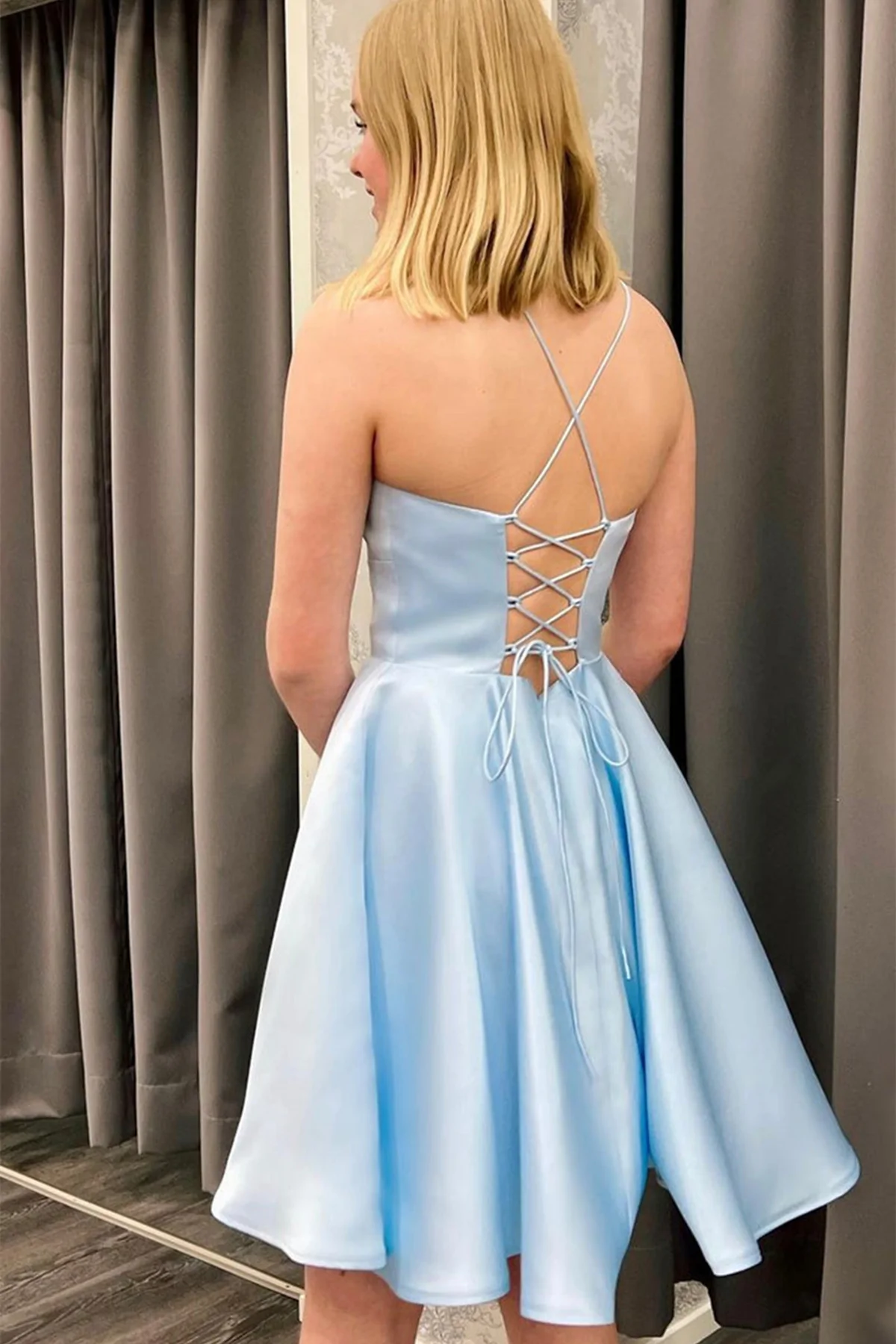 Spaghetti Straps Short Light Blue Satin Homecoming Dresses, Light Blue Formal Graduation Evening Dresses c3206