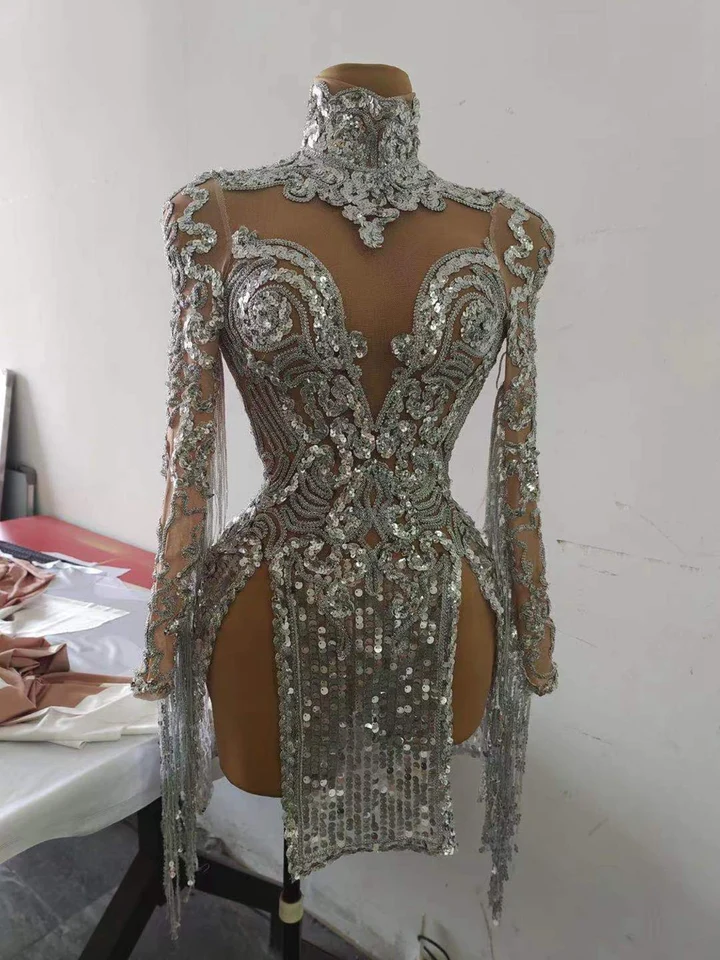 Shining Silver Sequins Fringes Dress Costume Sexy Party Dress c3140