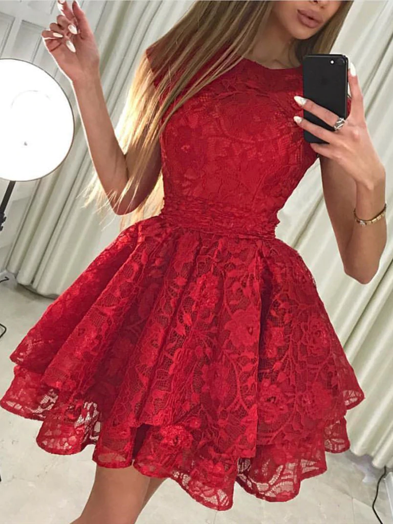 Round Neck Cap Sleeves Short Lace Prom Dresses, Round Neck Short Cap Sleeves Lace Formal Homecoming Graduation Dresses c2485