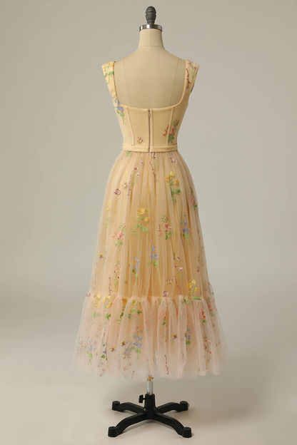 A Line Sweetheart Champagne Long Prom Dress with Embroidery C2395