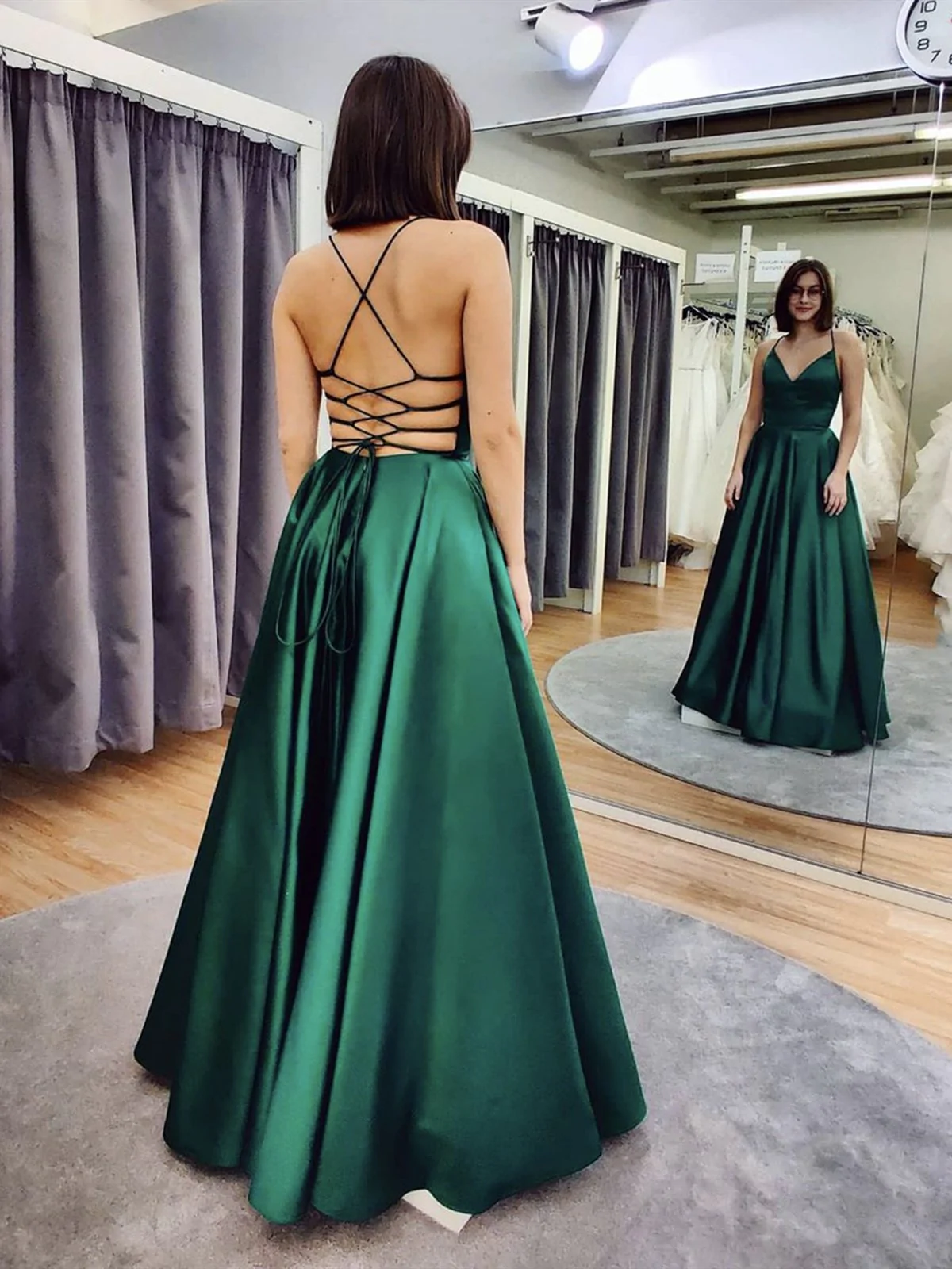 Green V Neck Backless Satin Prom Dresses, Open Back Green Satin Formal Evening Dresses cc250