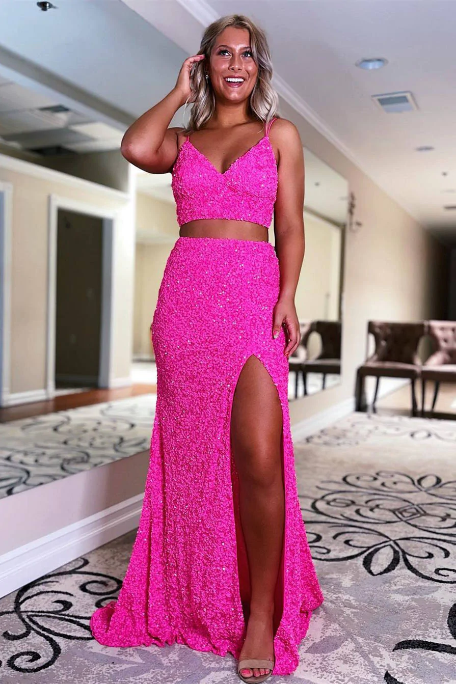 Two Piece Orange Sequins Long Prom Dress c3399