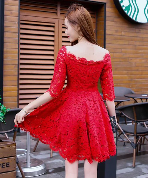 Lovely Red Lace Short Sleeves Party Dress, Chic Red Off Shoulder Homecoming Dress c3181