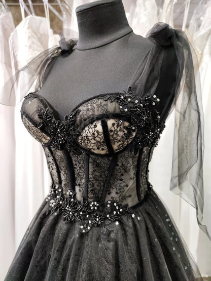 Sparkly black prom dress night corset neckline fairy tale tulle princess bride bridal gothic dark queen night alternative bride c3245