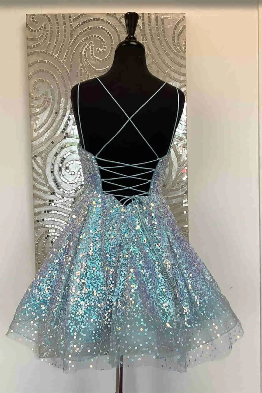 Sparkly A-line Light Blue Short Party Dress, Sequins Plus Size Homecoming Dresses c3043