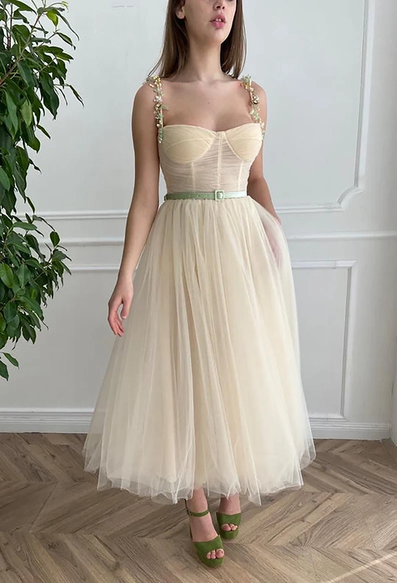 Beige Fairy Tulle Prom Dress  Beads Straps Fairy Prom Gown, Handmade Tea-length A-Line Tulle Ball Gown Wedding Dress c2752