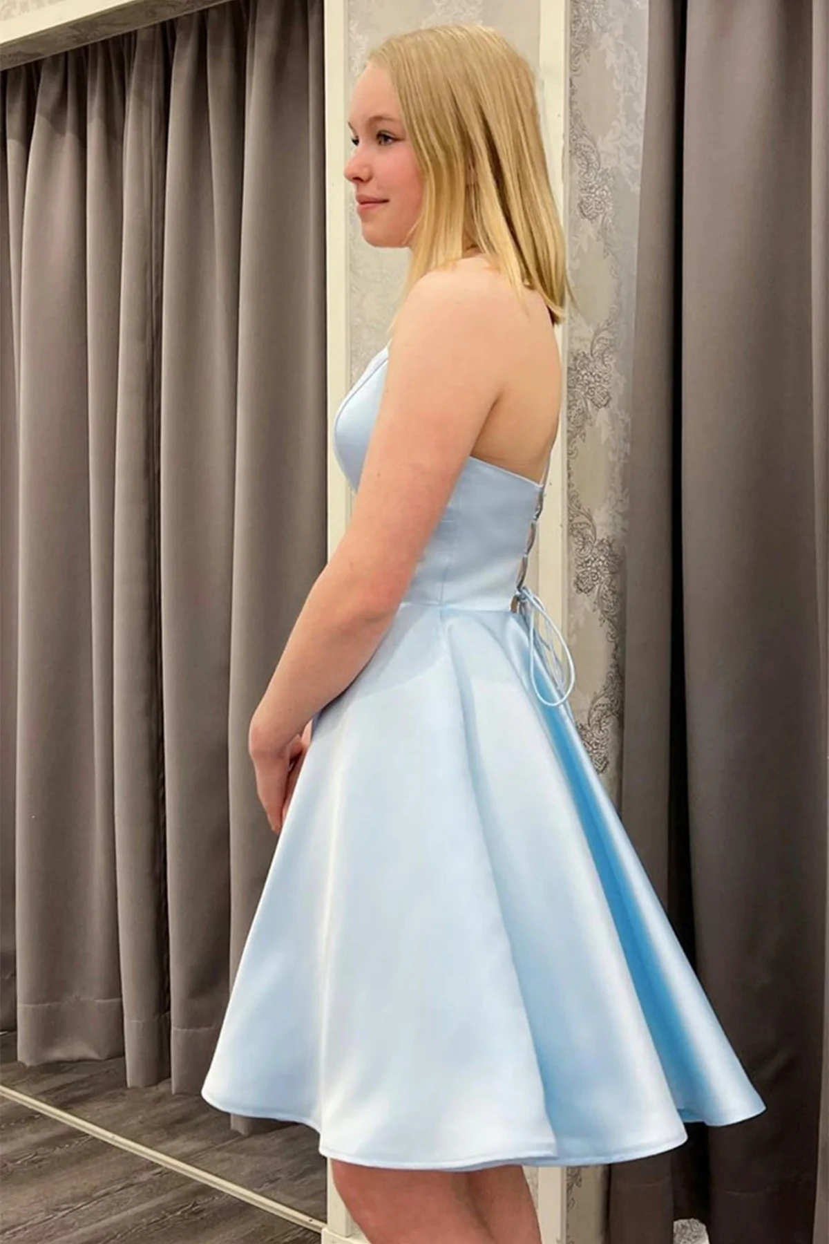 Spaghetti Straps Short Light Blue Satin Homecoming Dresses, Light Blue Formal Graduation Evening Dresses c3206
