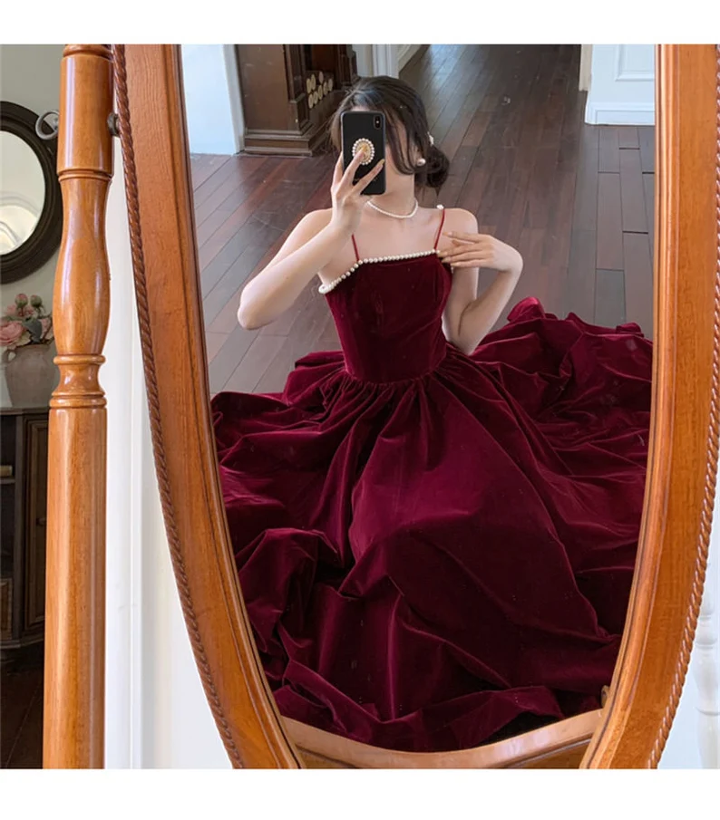 Dark Burgundy Spaghetti Straps Dress Women Prom Dress Birthday Party Dress Event Gown Dress c2921