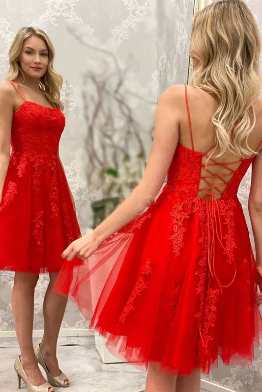 Simple Spaghetti Straps Red Lace Short Homecoming Dresses c3048